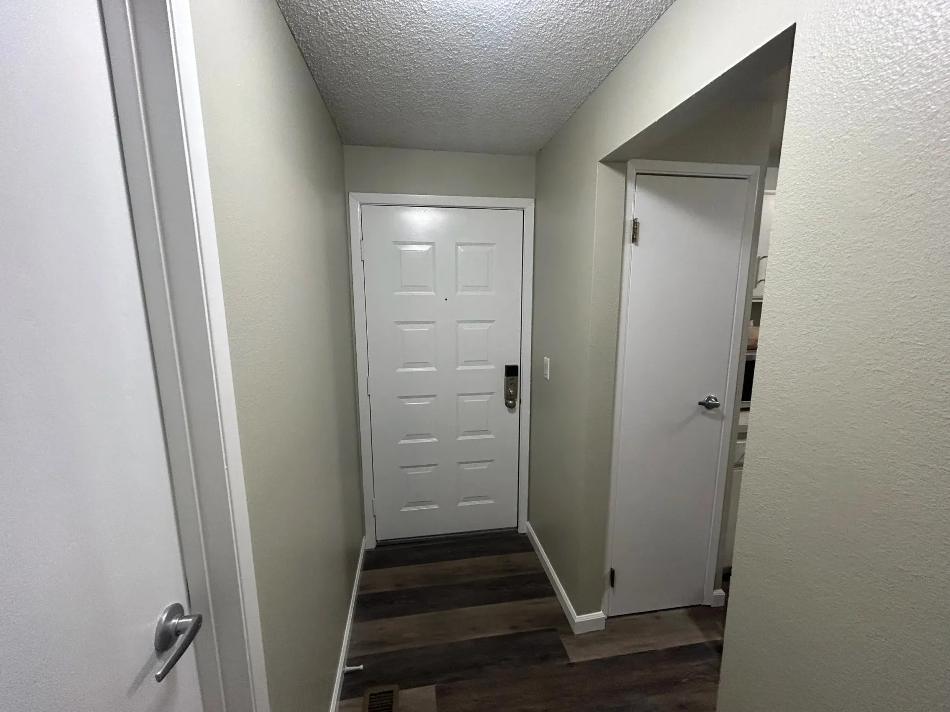Narrow hallway with white doors, wood-look flooring, and light green walls.