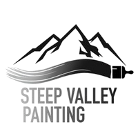 Black and white logo: Mountains with a paint brush stroke, the words "Steep Valley Painting".