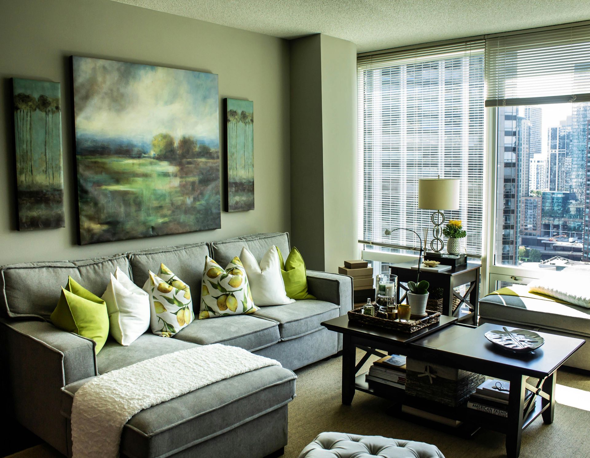 A living room with a couch and a coffee table