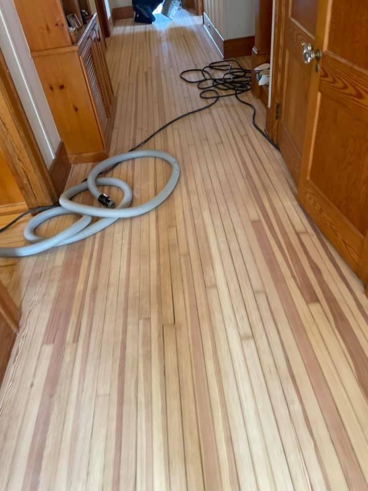 A wooden floor with a vacuum hose on it