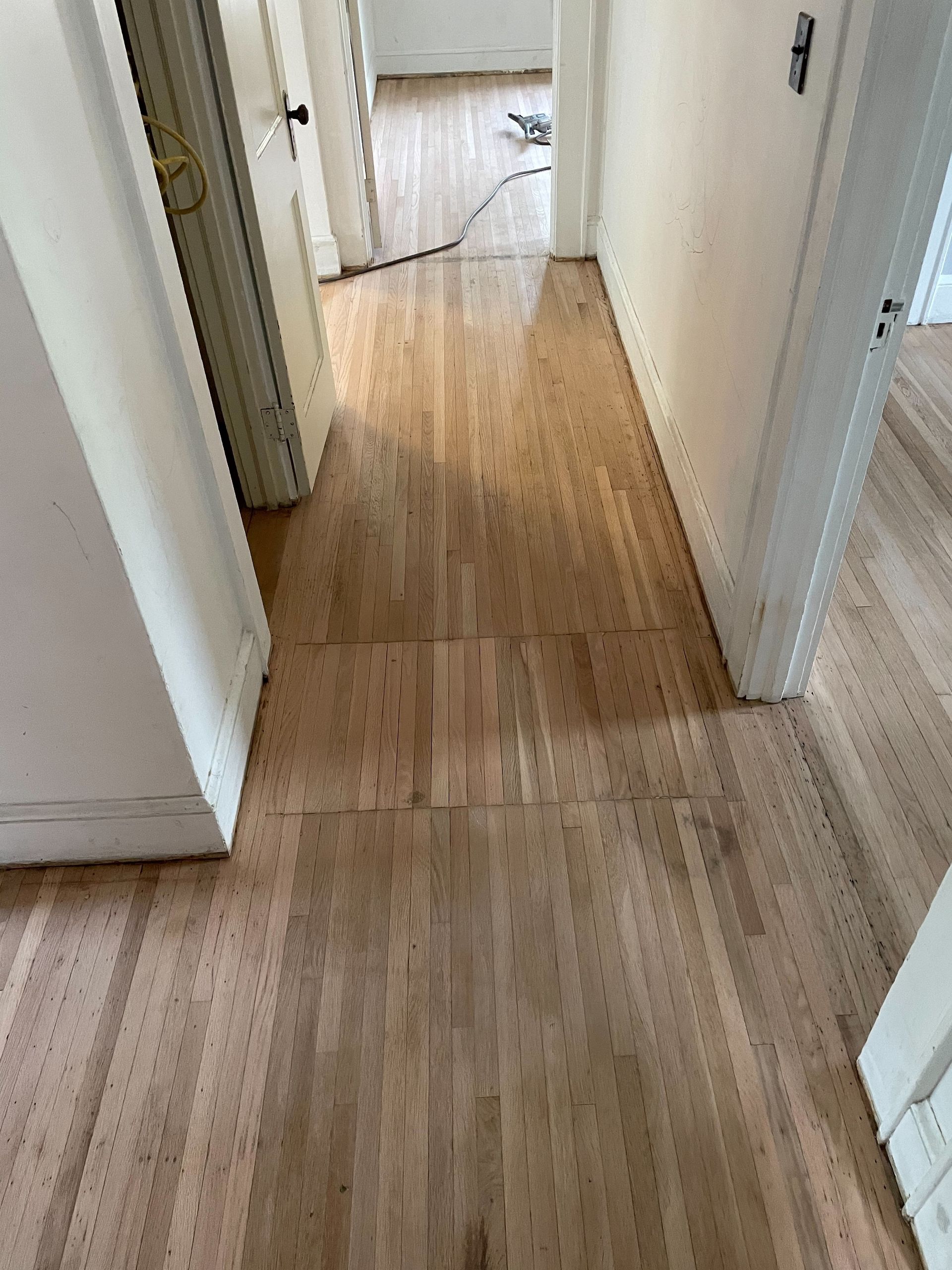 A hallway with hardwood floors in a house.