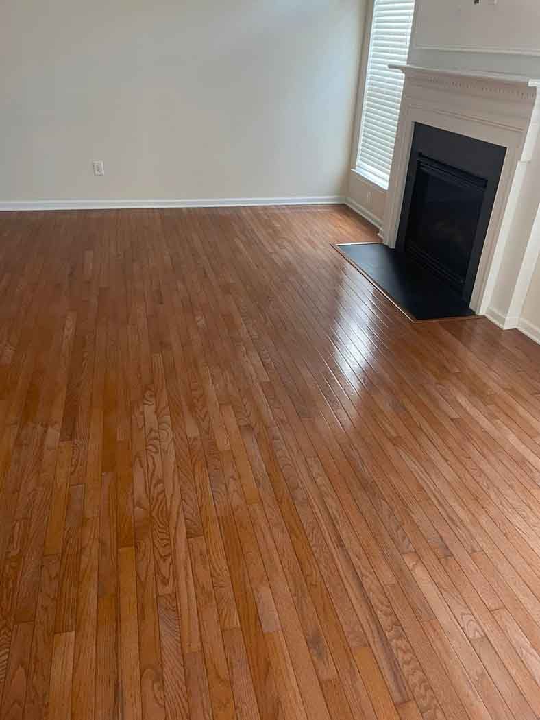 A living room with hardwood floors and a fireplace.