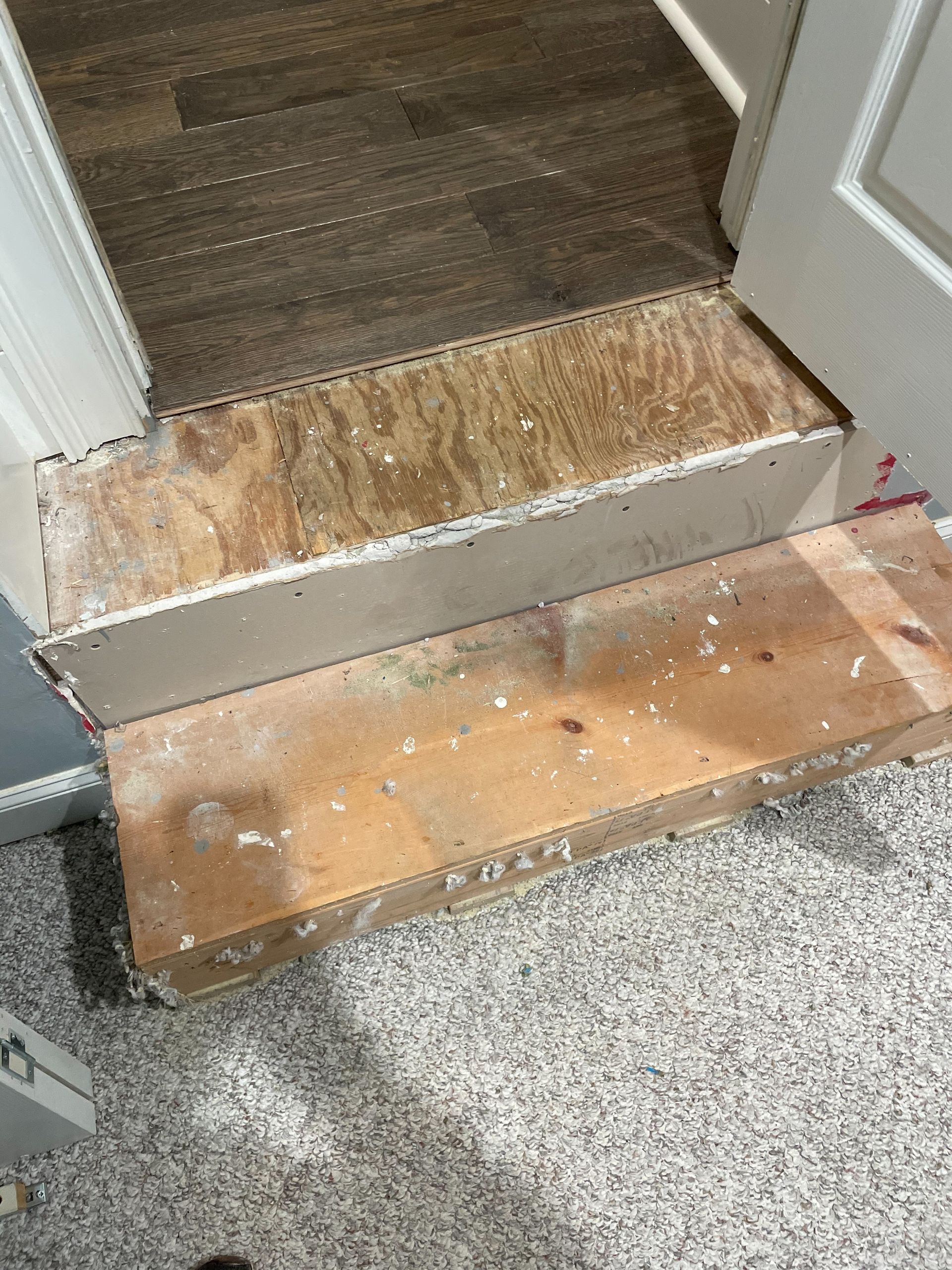 A wooden staircase is sitting on top of a carpeted floor next to a door.