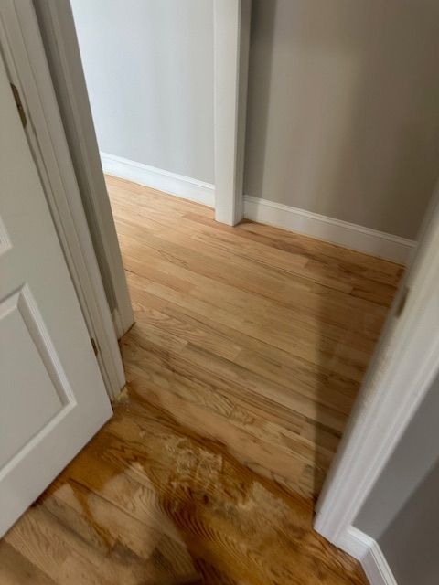 A room with a wooden floor and a white door.