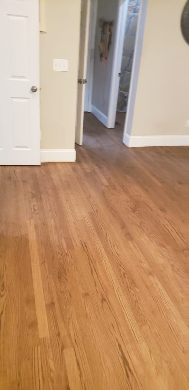A room with a wooden floor and a door leading to a hallway.