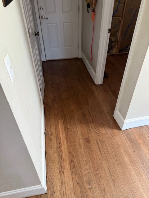 A hallway with hardwood floors and a white door.