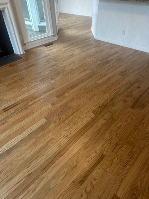 A living room with hardwood floors and a fireplace.