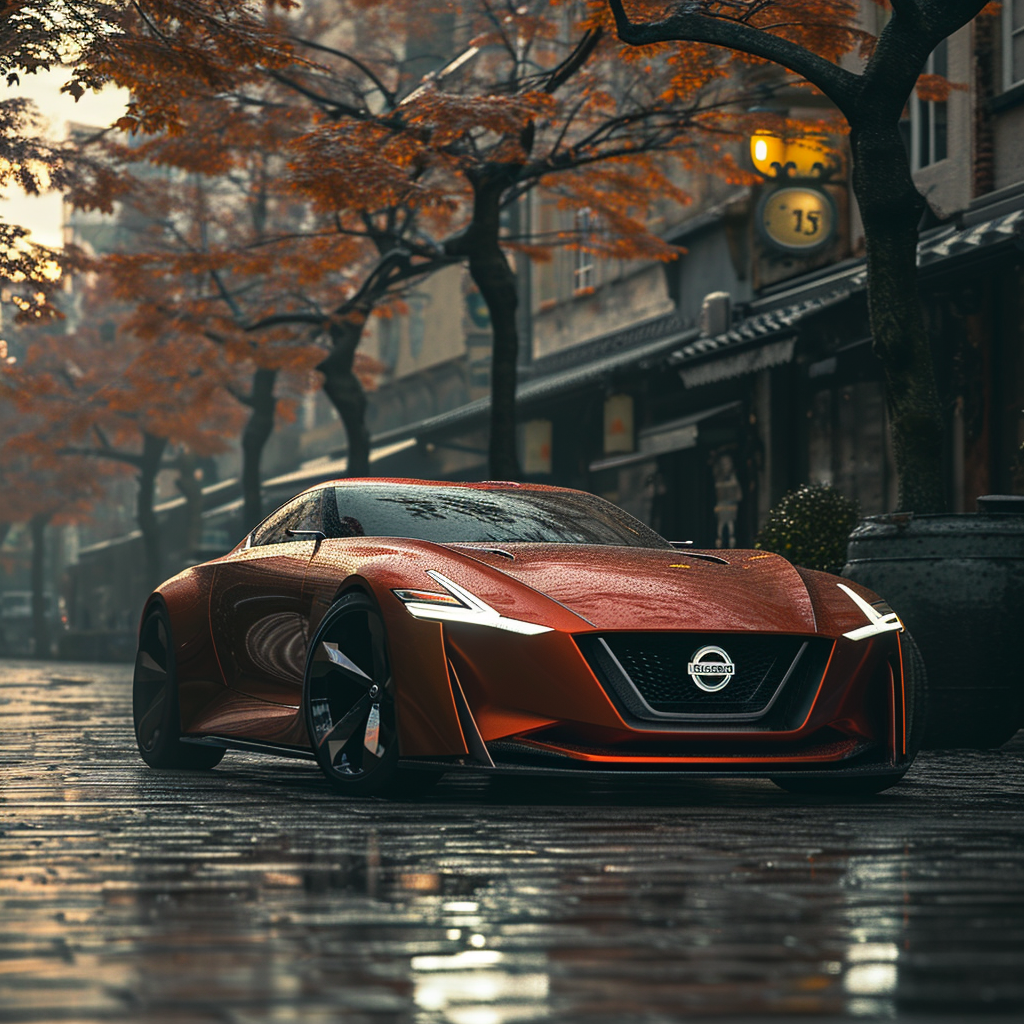 A red nissan sports car is parked on a wet city street.