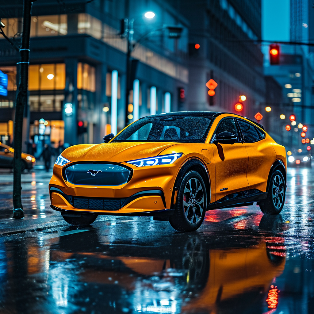 A yellow car is parked on a wet city street at night.