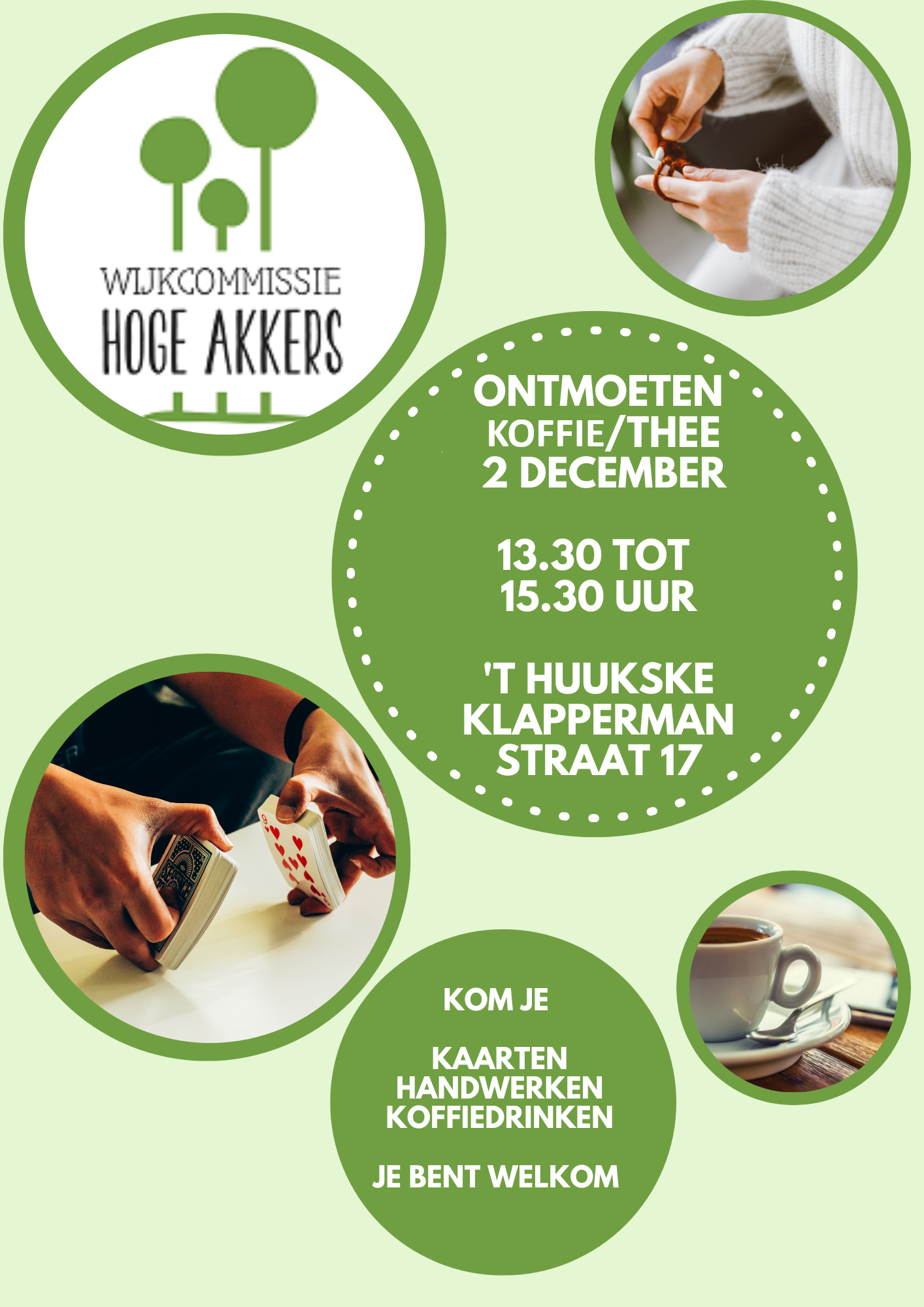 Koffie, thee & een flinke portie gezelligheid! 
Beste buurtbewoner,
Ben jij toe aan een praatje, een lach, of gewoon een goede kop koffie (of thee, we discrimineren niet)? Dan hebben wij iets voor jou!
 Dinsdagmiddag  13.30 – 15.30 uur  Het Huukske, Klappermanstraat 17
Kom langs voor een ontspannen ontmoetingsmoment met je mede-wijkgenoten. Geen verplichtingen, geen speeches, wél koekjes. En wie weet... misschien ontdek je dat de buurman ook fan is van tuinieren, breien of stiekem van André Hazes.
Dus zet je mok klaar, trek je gezelligste trui aan en schuif aan bij ons in het Huukske. Want samen koffiedrinken is altijd leuker dan alleen!
Tot dinsdag – wij zetten het water alvast op!