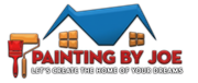 Logo for Painting by Joe, featuring a blue roof, brown windows, red brush, yellow roller, and the text slogan below.