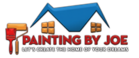 Logo for Painting by Joe, featuring a blue roof, brown windows, red brush, yellow roller, and the text slogan below.
