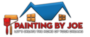 Logo for Painting by Joe, featuring a blue roof, brown windows, red brush, yellow roller, and the text slogan below.