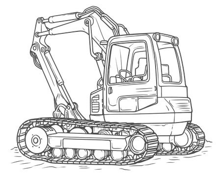A black and white drawing of an excavator on tracks.