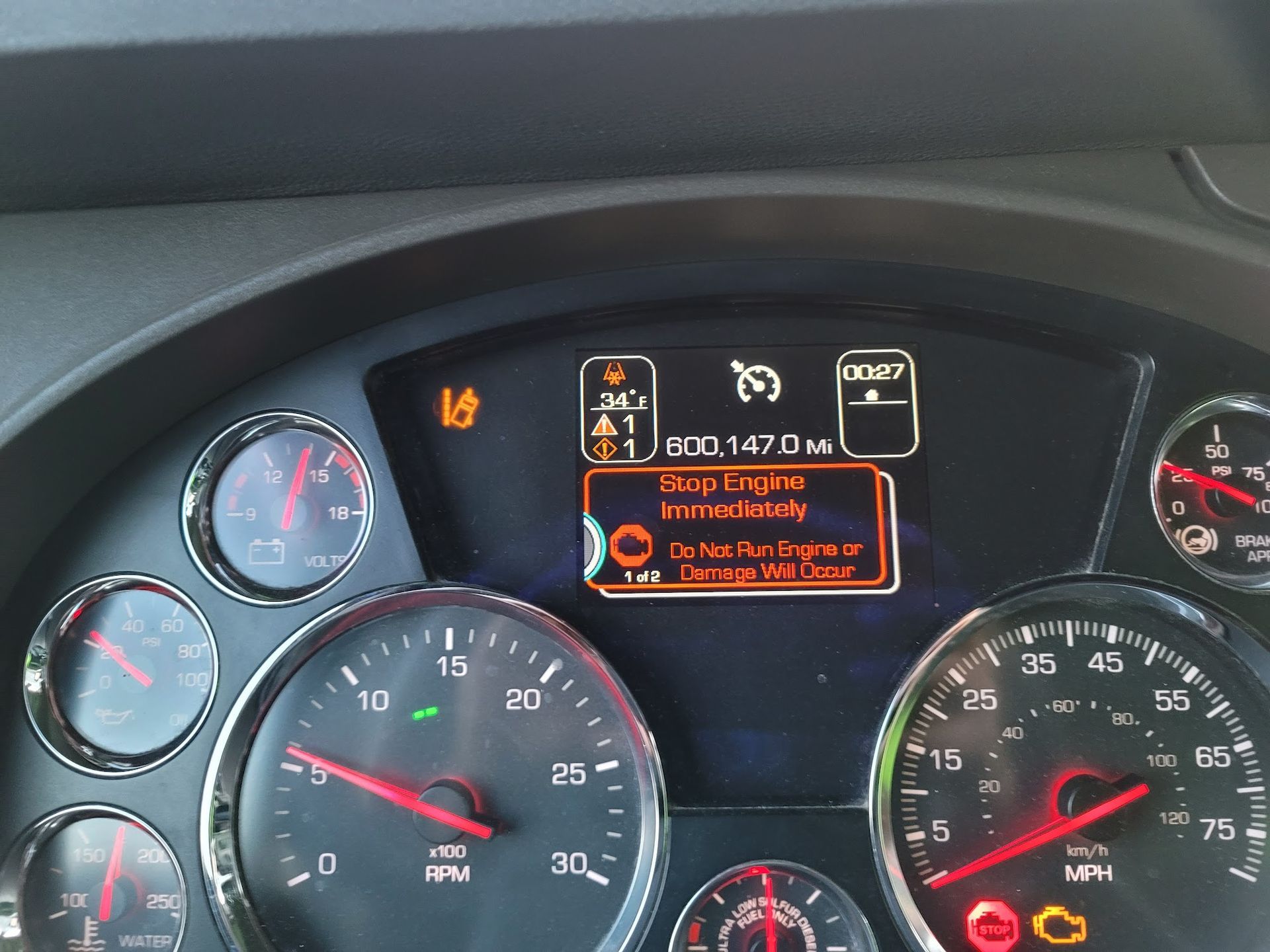 Truck dashboard with warning: 