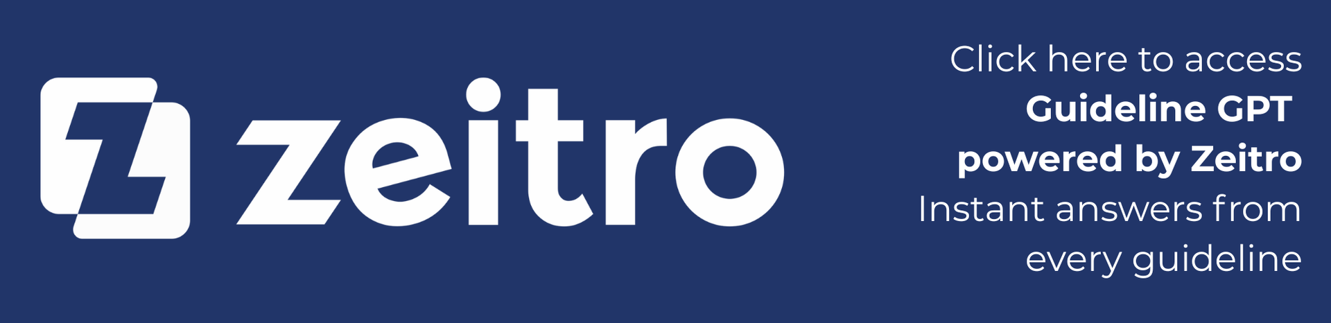 Zeitro logo on a dark blue banner with small white “Click here to access Guideline GPT” text on the right.