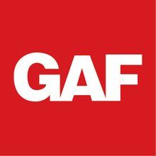 A red background with the word gaf in white letters.