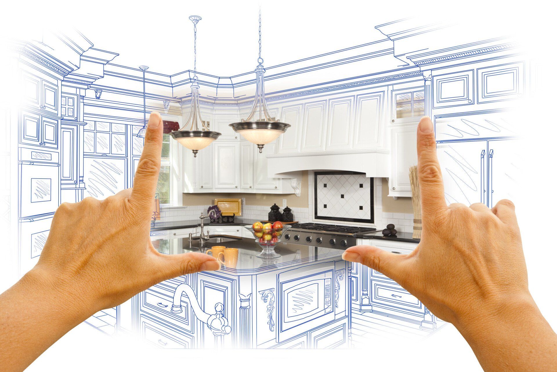 A person is holding a drawing of a kitchen in their hands.