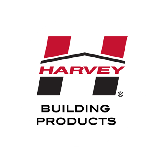 The logo for harvey building products is red and black.