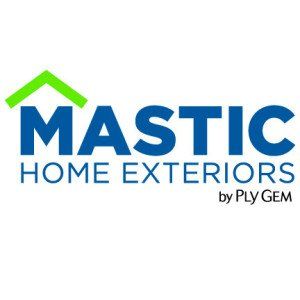 The logo for mastic home exteriors by ply gem is blue and green.