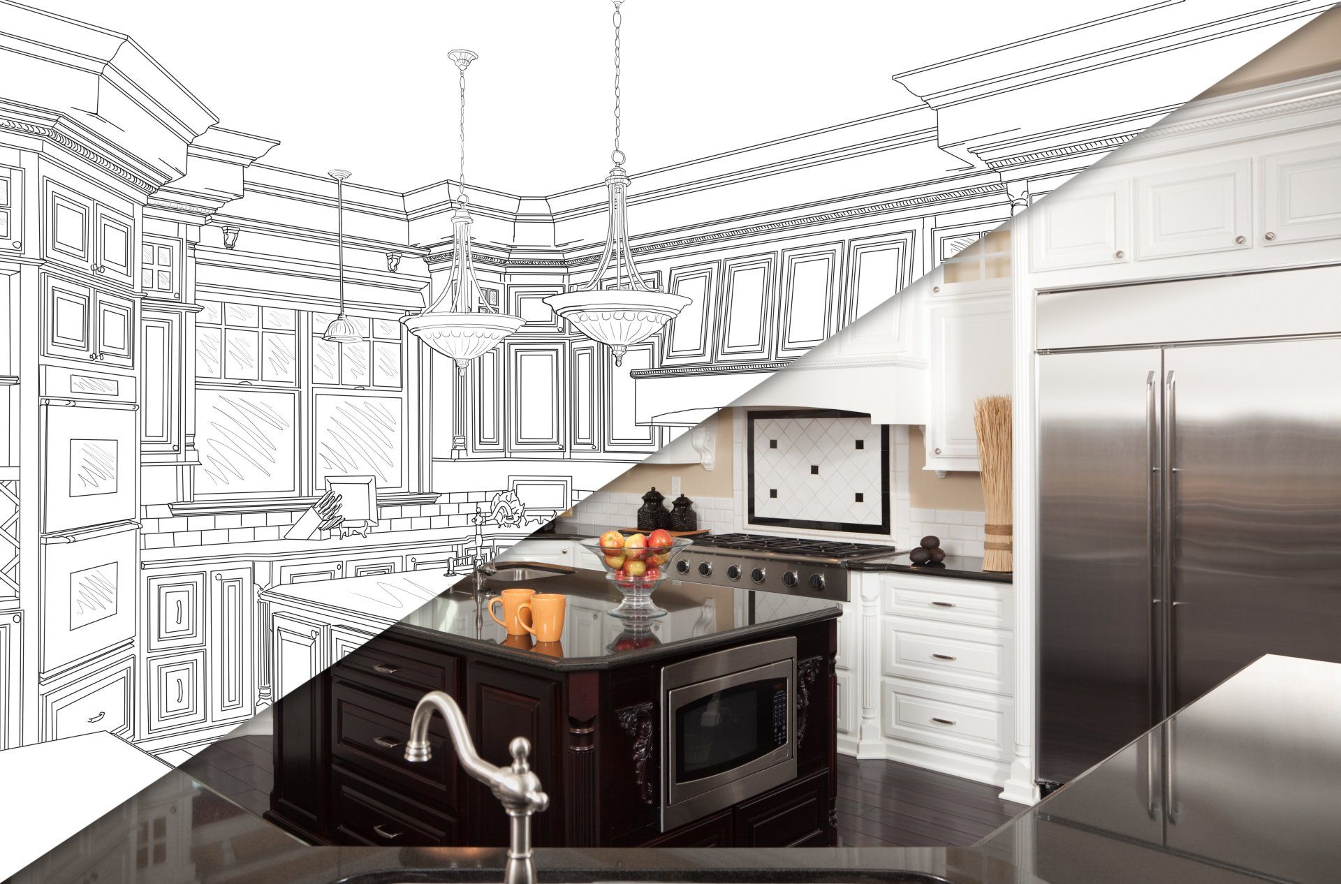 A drawing of a kitchen next to a picture of a kitchen.
