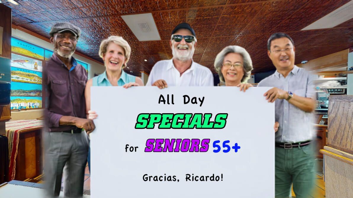 A group of people holding a sign that says all day specials for seniors 55+