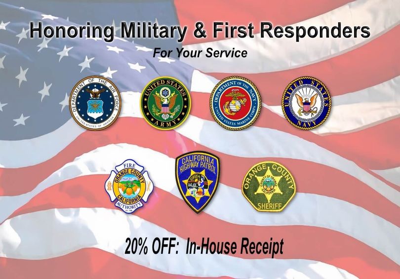 An advertisement honoring military and first responders, featuring their emblems on a waving American flag, with a 20% off discount.