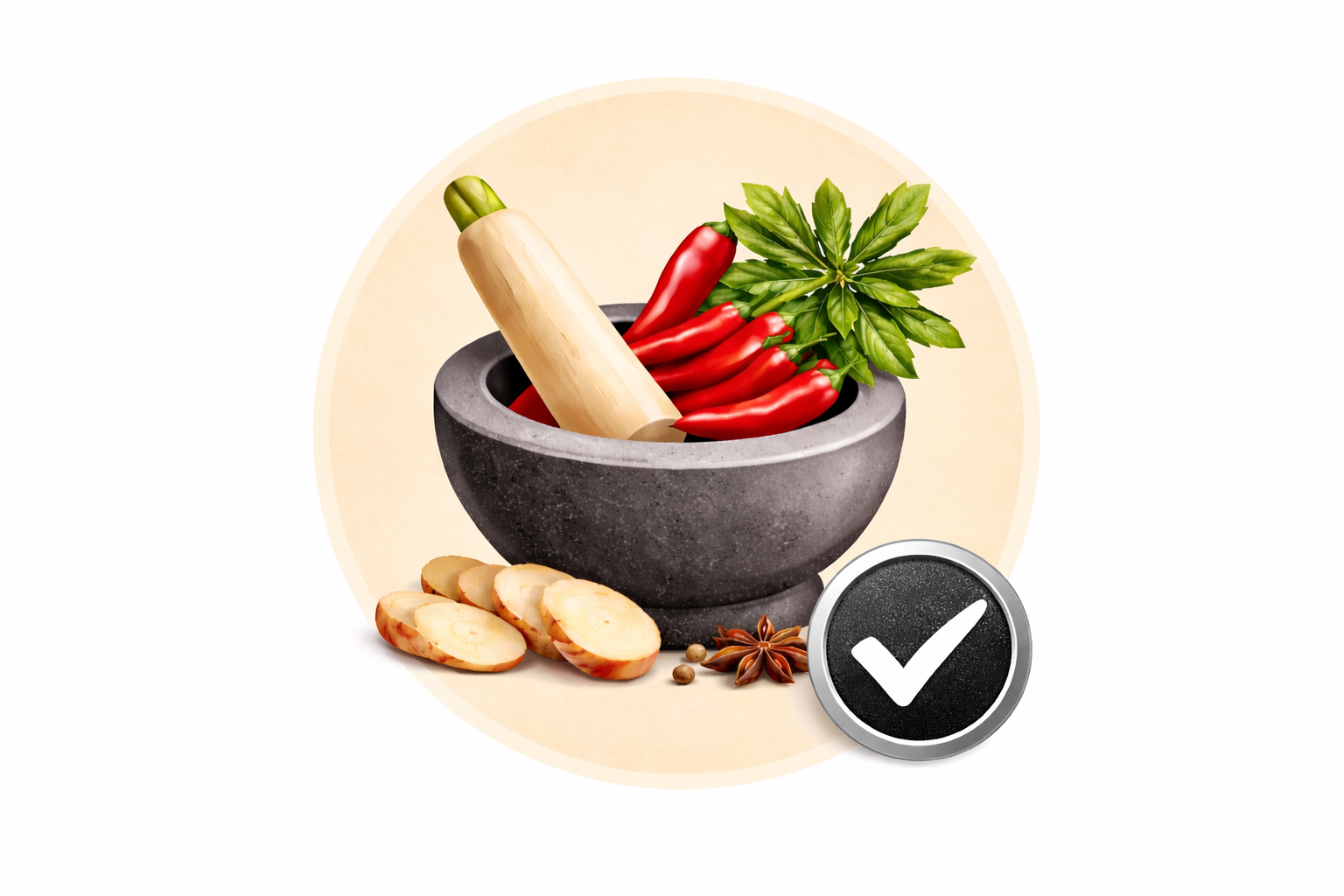 A stone mortar and pestle filled with red chilies and green herbs, next to sliced ginger and a checkmark icon.