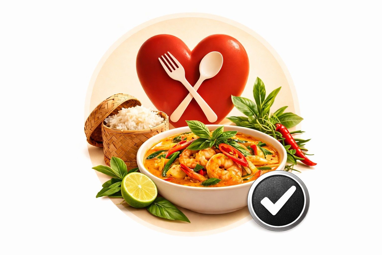 A bowl of shrimp curry, sticky rice, lime, and basil, with a red heart icon featuring a fork and spoon and a checkmark.