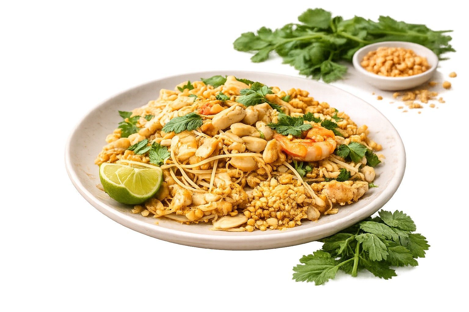 A plate of shrimp Pad Thai garnished with cilantro and lime, accompanied by a small side dish of crushed peanuts.