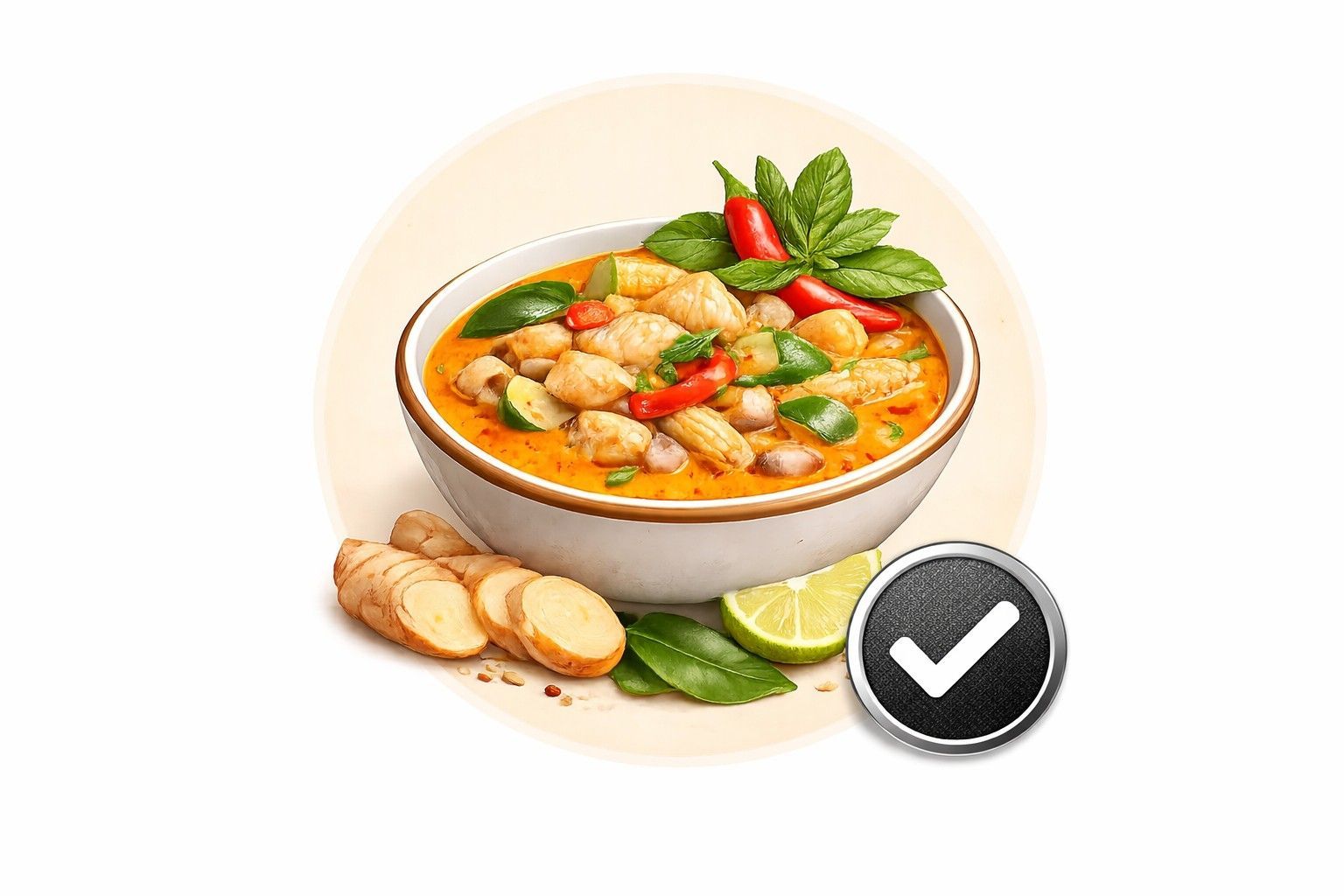 A bowl of creamy orange curry with vegetables, topped with basil, with ginger slices, a lime wedge, and a checkmark icon.