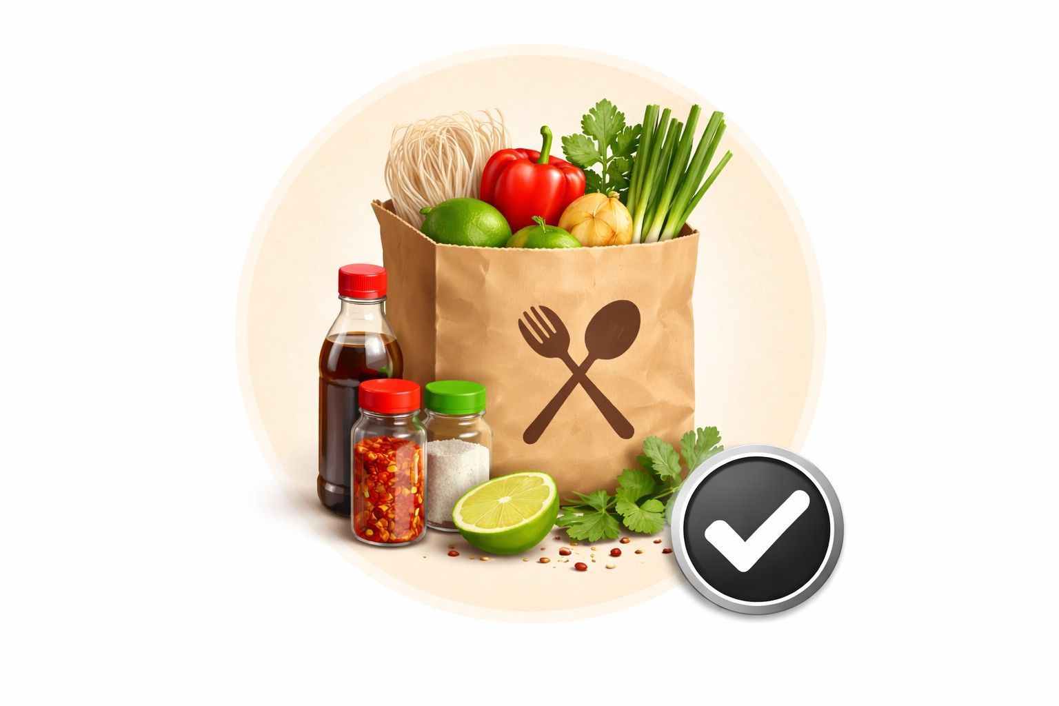A brown paper grocery bag filled with fresh produce, noodles, and condiments, next to a black and white checkmark icon.