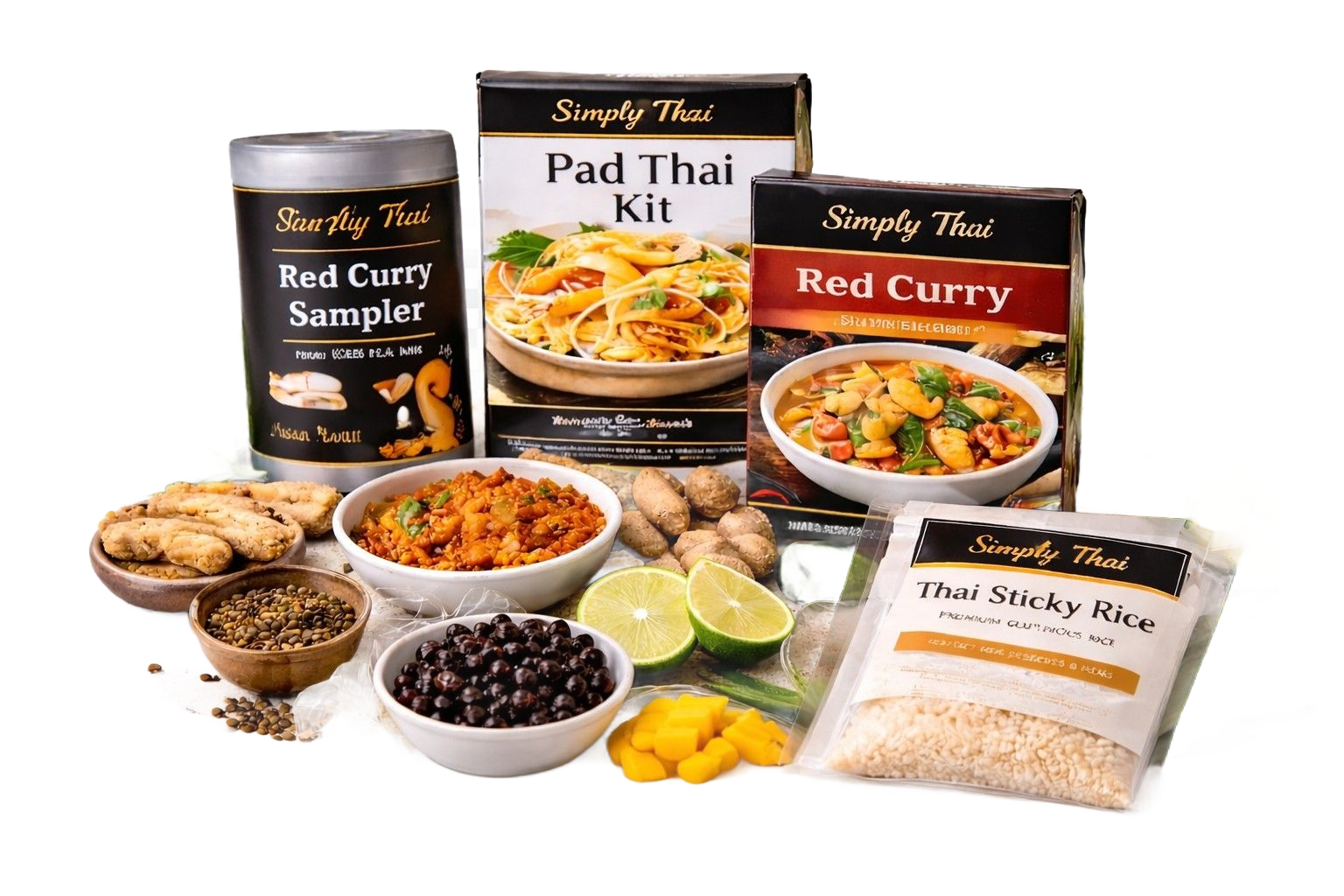 Assorted Simply Thai food kits and ingredients, including Pad Thai, red curry, sticky rice, limes, and spices.