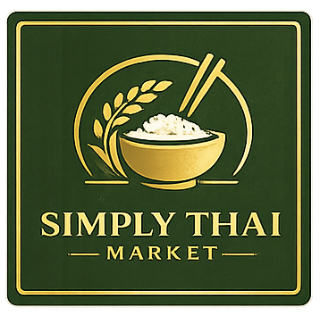Logo for Simply Thai: a gold bowl of rice with a stalk of grain and chopsticks, set inside a dark green circle.