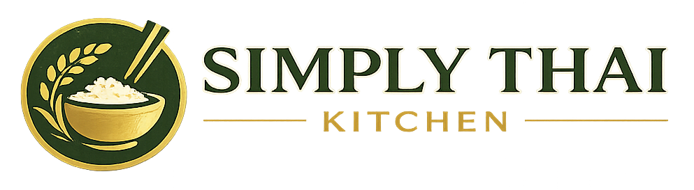 Logo for Simply Thai: a gold bowl of rice with a stalk of grain and chopsticks, set inside a dark green circle.