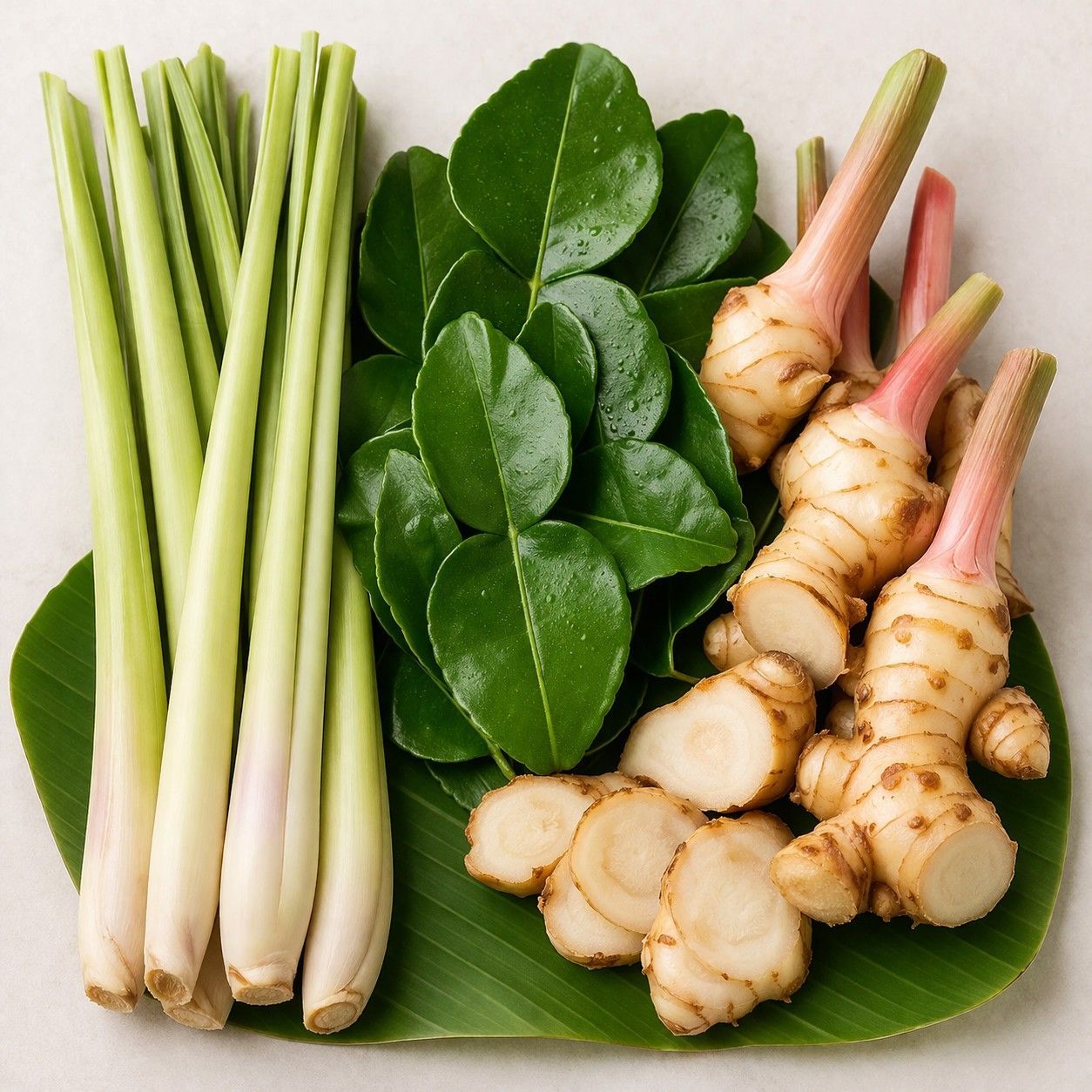 Fresh lemongrass stalks, kaffir lime leaves, and galangal roots arranged on a green leaf.