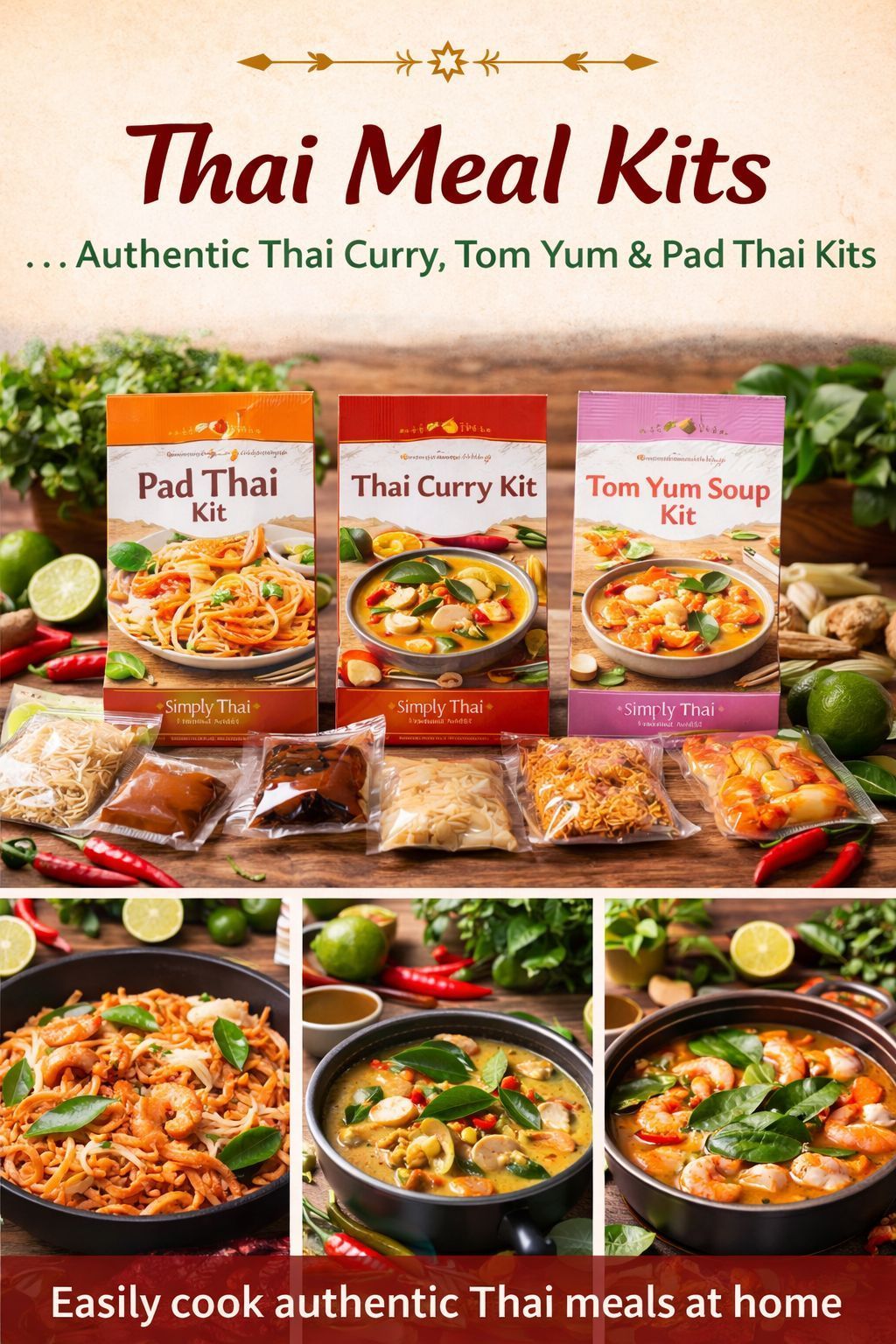 Thai Meal Kits including Pad Thai Kit, Thai Curry Kit and Tom Yum Soup Kit from Simply Thai Market
