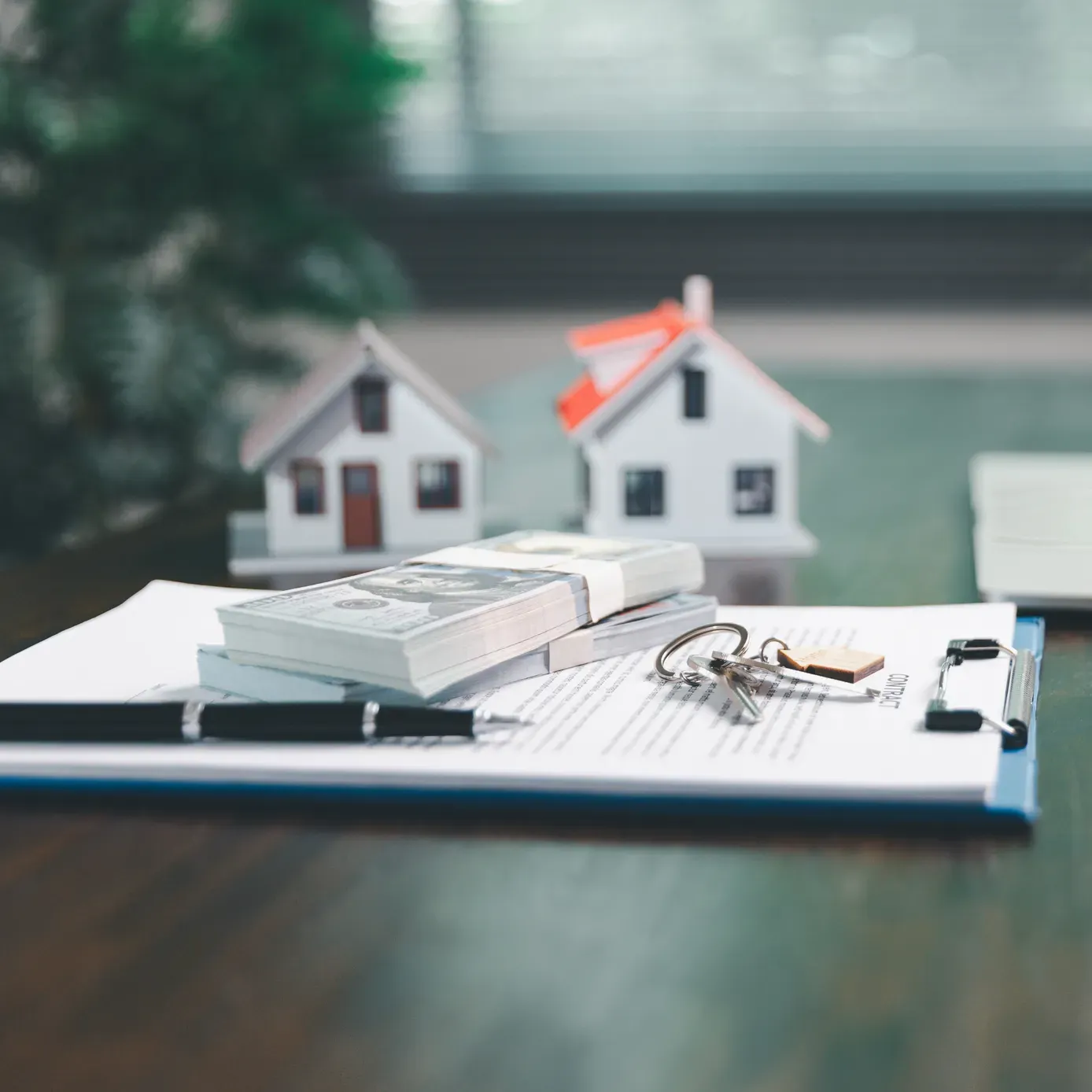 Real estate deal: toy houses, cash, keys, and pen on a contract.
