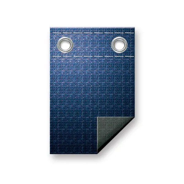 A blue piece of paper with two holes in it on a white background.