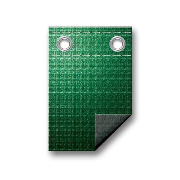 A green piece of paper with two holes in it on a white background.