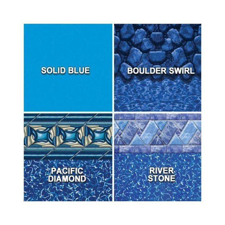 Four different types of blue pool tiles are shown including solid blue , boulder swirl , pacific diamond and river stone.
