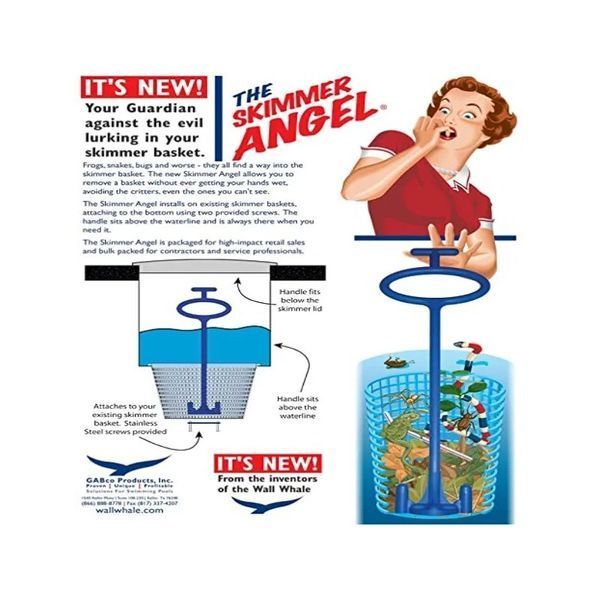 An advertisement for the skimmer angel shows a man in a red shirt