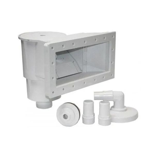 A white swimming pool skimmer with various fittings attached to it.