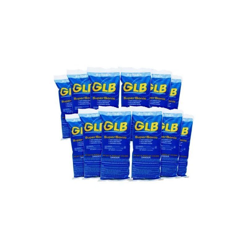 A bunch of blue bags with yellow letters that say glb