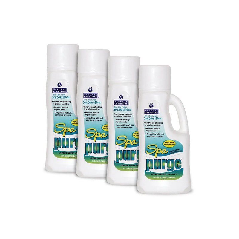 Four bottles of spa purge on a white background