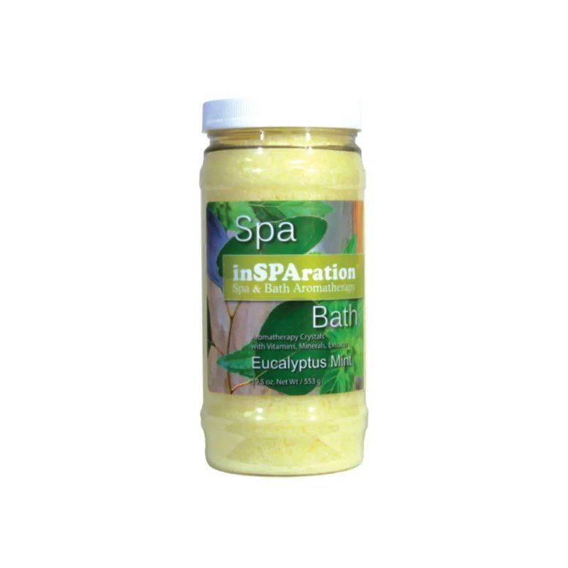 A bottle of spa inspiration bath soak with eucalyptus essential oil.
