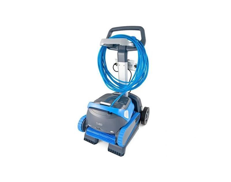 A blue and gray swimming pool cleaner with a hose attached to it.