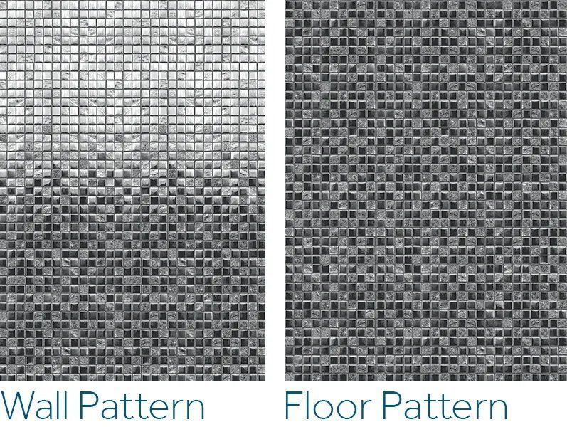 There are two different patterns of tiles on the wall and floor.