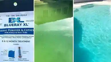 A swimming pool filled with green water next to a bag of blueray xl.