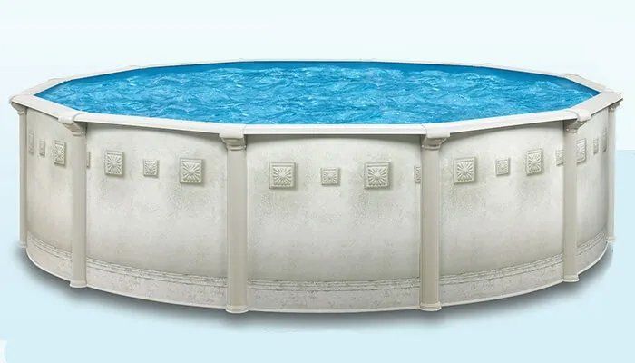 A round swimming pool filled with blue water on a white background.